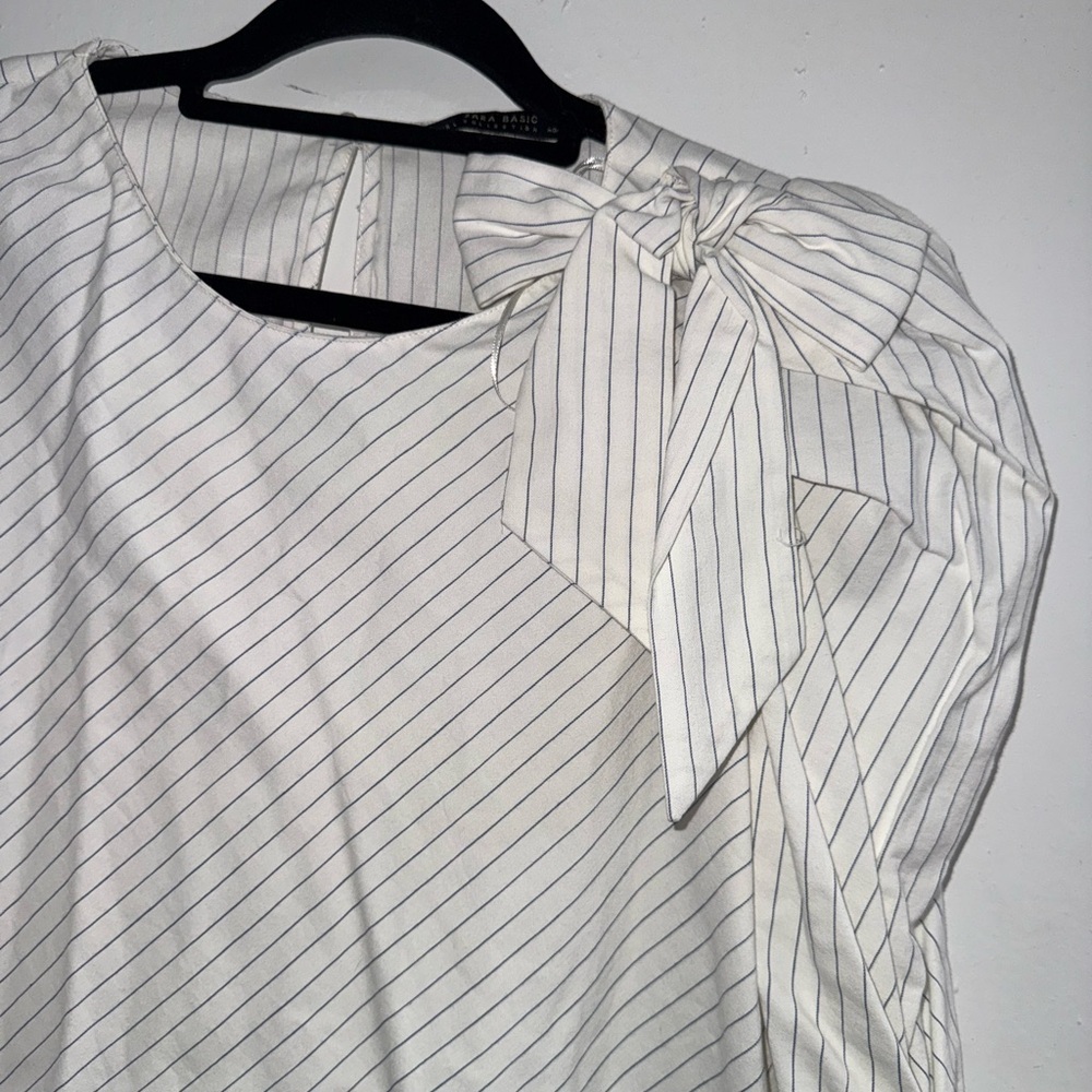 Zara White Striped Shirt with Bow Puff Sleeves size L NWT - Picture 5 of 10